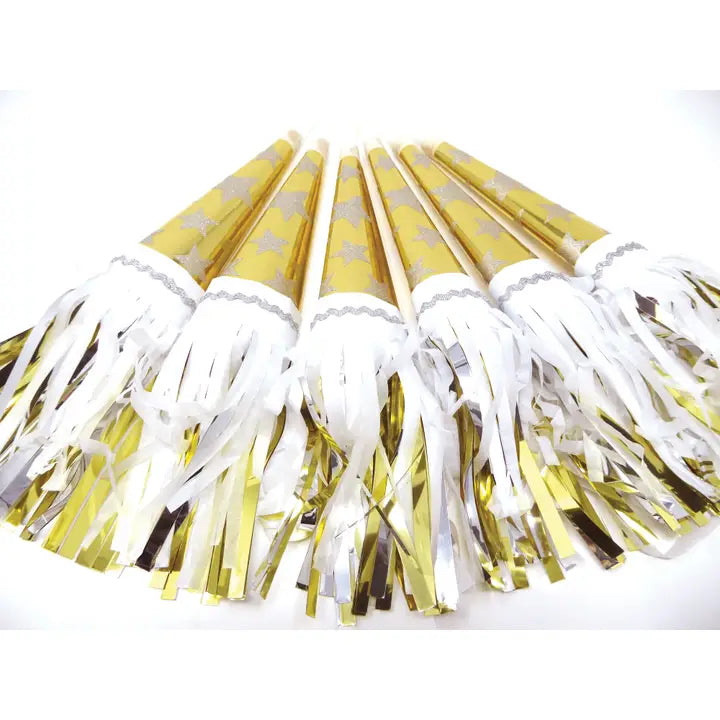 Tasseled party horns stars gold - 6 pk
