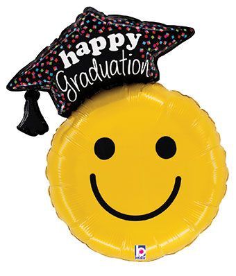 26" Large shaped "Happy Graduation" smiley foil balloon with helium- C1