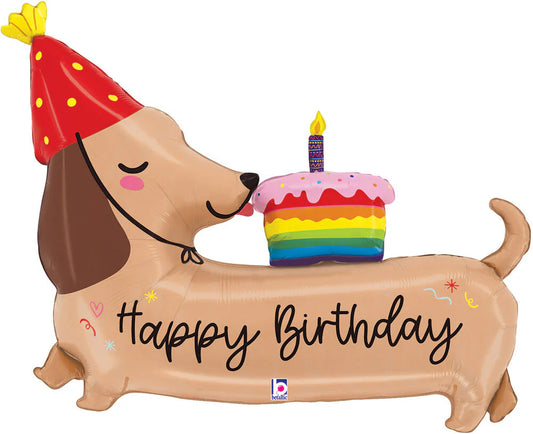 43" B Happy Birthday Dachshund dog with cake foil balloon