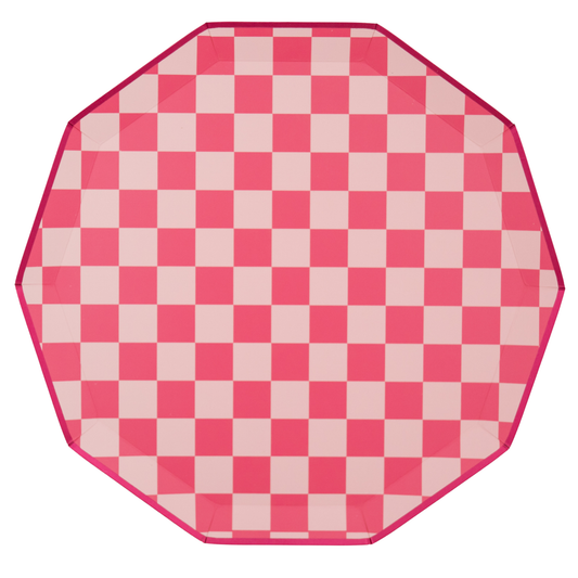 PINK CHECKERED SIGNATURE DINNER PLATES - 8 pk