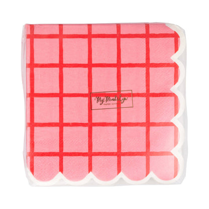 Red and Pink Grid Cocktail Napkin - 24 pk