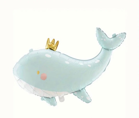 38" Blue whale with crown Foil Balloon