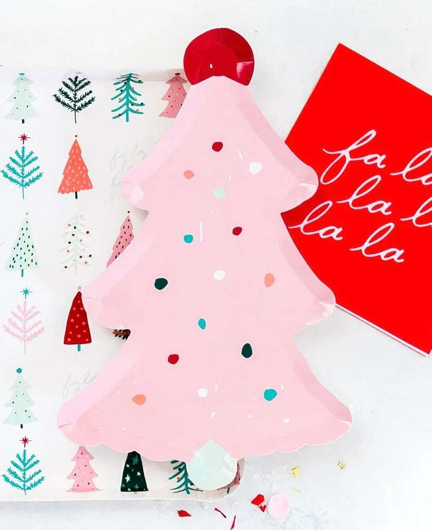 Pink Christmas tree paper plates - 8 pk