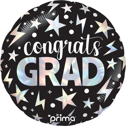 18" Round Congrats Grad Holographic lightning bolts foil balloon