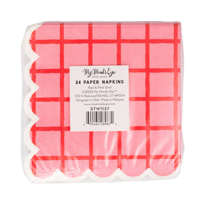 Red and Pink Grid Cocktail Napkin - 24 pk