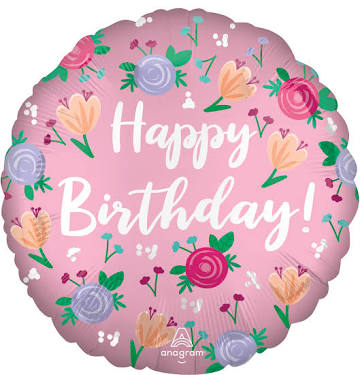 18” Happy Birthday with flowers and pink background foil balloon with helium